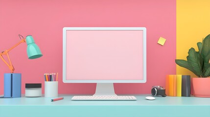 Minimalist Desk Setup with Computer  Keyboard  and Accessories