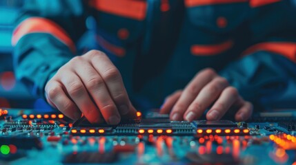 Naklejka premium Close-up of hands working on a circuit board, showcasing technology and innovation in electronics engineering and repair.