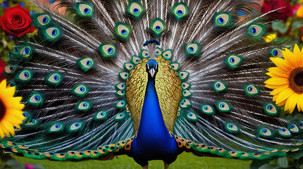Obraz premium A Proud Peacock in a Vibrant Garden: A Tapestry of Feathers and Flowers