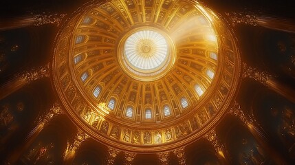 Obraz premium A majestic dome with intricate gold details and a central skylight illuminating the interior.