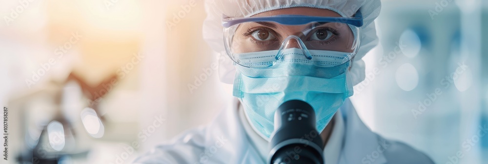 Poster close-up of scientist in protective gear using a microscope in a laboratory setting, focusing on res