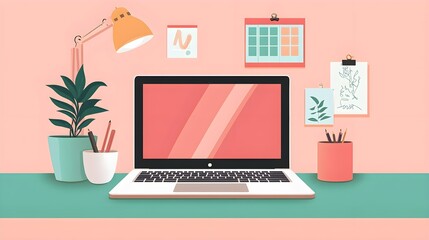 Minimalist Workspace with Laptop  Desk Lamp  and Plants