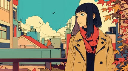 秋の街にいるおしゃれなアニメ風の女の子