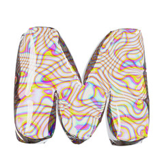 3d Letter M with an iridescent white rainbow swirling pattern suitable for graphic design, branding, backgrounds, and vibrant artistic projects.