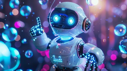 Fototapeta premium Positive cute robot pointing at a space. Copy space