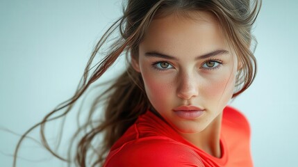 athletic girl in a striking red uniform demonstrates a precise passing technique against a clean white backdrop capturing her energy and passion for sports in action