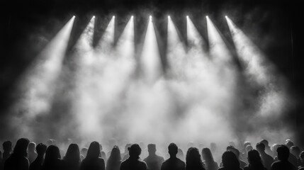 Dynamic Silhouette of a Concert Crowd Enthusiastically Engaged in Front of a Bright Stage Featuring Colorful Lights