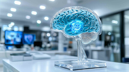 Obraz premium Close-up of human brain model with visible tumor, neutral background, soft lighting, medical focus, detailed representation, educational tool for medical professionals and students.