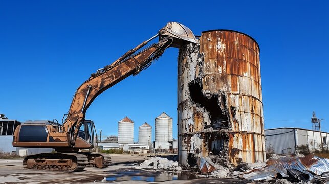 Excavator demolishing large old rusty industrial silo structure