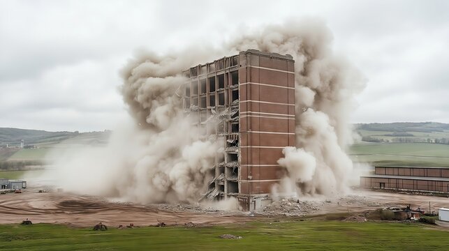 Tall brick building is exploding in a controlled demolition