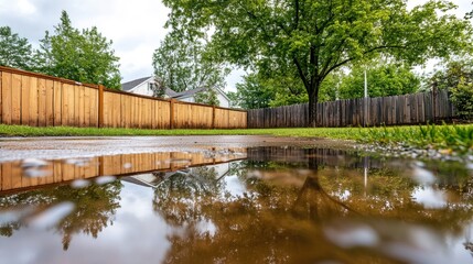 Backyard with standing water reflecting the surrounding trees and sky, capturing the serene beauty of nature's reflection and the tranquility of a still moment.