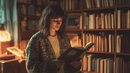 Young woman enjoying a book in a cosy home library