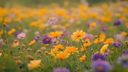 Naklejka premium A complementary color scheme in a flower field, with opposing hues like yellow and purple flowers in harmony 