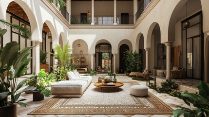 Experience a tranquil Moroccan riad where intricate tile work meets modern minimalism. Lush greenery thrives in a sunlit courtyard, inviting serenity and relaxation. Generative AI