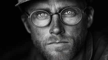 A close-up portrait of a man with glasses and a serious expression, captured in black and white.