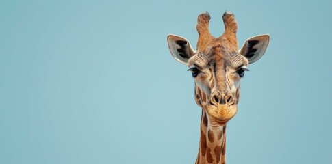 Naklejka premium Giraffe portrait against a soft blue background, showcasing its distinctive features and textures The calm expression adds charm to the vibrant scene, perfect for wildlife themes