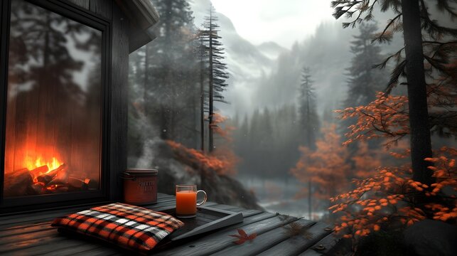 Cozy Rustic Christmas Cabin Nestled in a Snowy Pine Forest Landscape with a Crackling Fireplace Warm Plaid Blankets and Mugs of Steaming Apple Cider Evoking a Nostalgic Winter Retreat