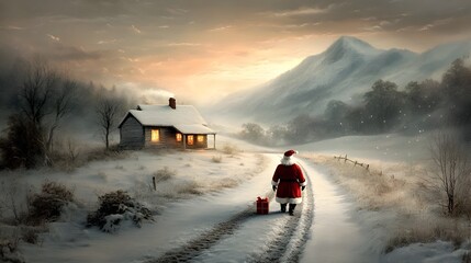 A jolly Santa Claus delivering Christmas gifts to a charming snow covered countryside cottage with detailed festive firelight glowing from the windows and a well trodden path leading to the cozy home