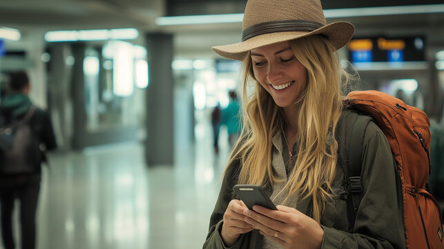 A cheerful blonde woman wearing a cowboy hat beams as she talks to her spouse on her smartphone while at the airport