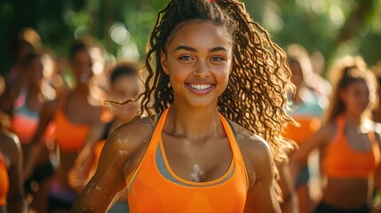 Outdoor fitness bootcamp, dynamic action, vibrant colors, park setting, energetic