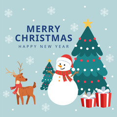 vector illustration snowman and reindeer with pine tree decorative with light ball while snow falling, merry christmas and new year concept, greeting new year card