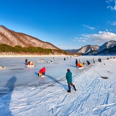 冬の阿寒湖では、湖面が完全に凍り、アイスフィッシングや氷上イベントが行われている。人々が氷の上で釣り糸を垂らし、魚を釣り上げた瞬間に喜ぶ姿が微笑ましい。周囲には凍った自然と、美しい山々