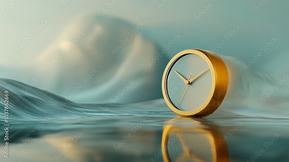 Poster a golden clock sits on a rippling surface with a blue background, creating a sense of time and movem