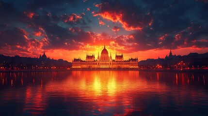 A stunning sunset over a historic building reflected in the water.