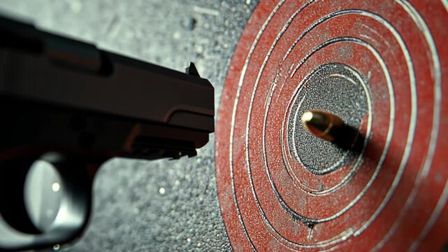 A handgun is pointed at a target with a bullet in the center