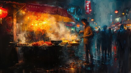 Obraz premium Street food vendor, vibrant colors, dynamic scenes, street setting, inviting