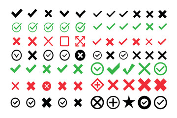 Green and Red Check Marks and Crosses Vector Icons for Verification and Errors
