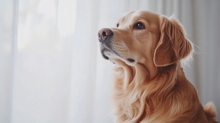A golden retriever dog looking out a window with a soft, white curtain in the background.