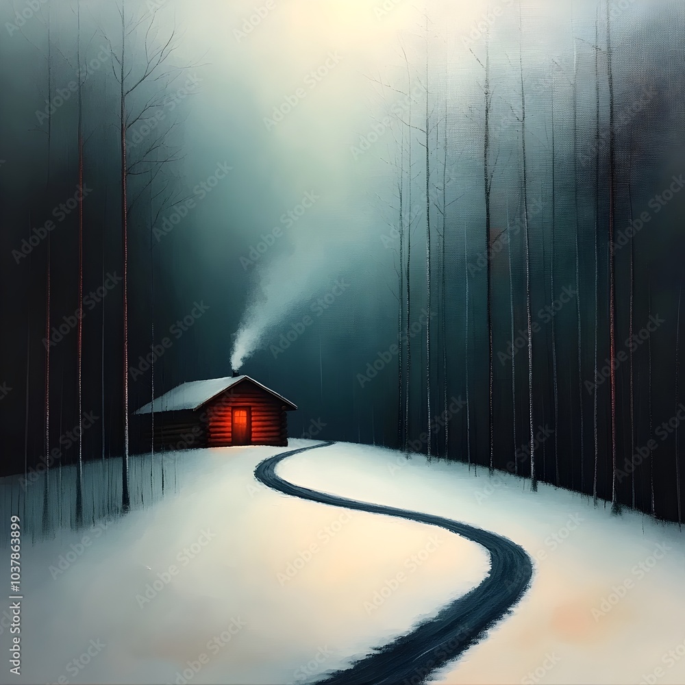 Poster serene snow covered forest trail guiding the viewer towards a rustic log cabin with a gentle plume o