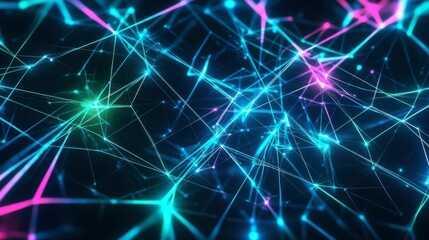 A dynamic display of interconnected neon lines and shapes ignites the darkness with electric blues and greens, accented by vibrant pinks, creating a futuristic atmosphere. Generative AI