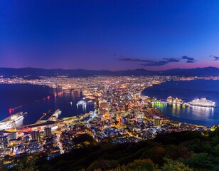 Obraz premium 函館山から見下ろす、世界三大夜景のひとつとされる函館の夜景。湾に沿って広がる街の光が宝石のように輝き、港に停泊する船の灯りも穏やかに瞬いている。ロマンチックな夜景を眺めるカップルや観光
