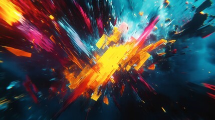 A vivid explosion of geometric shapes collides, with striking yellows, reds, and turquoises against a backdrop of deep blues. Light bursts from the center, creating dynamic contrasts. Generative AI