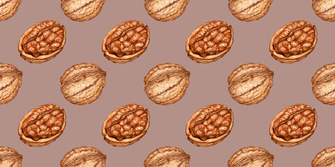 Whole nut and half pattern on brown background watercolor illustration isolated from background. Realistic texture and natural colors of the shell and kernel of the nut. Ideal for cooking, packaging 