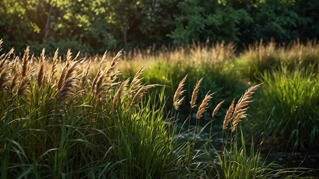 Animation of Winter&rsquo;s Cool Calm Over Reed Grass. Frosty reed grass under a clear winter sky. Realistic motion.
