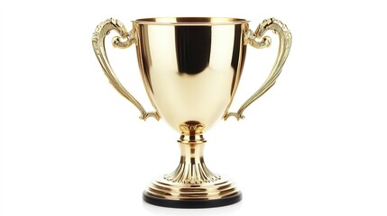 Golden trophy cup symbolizing victory, achievement, and excellence standing isolated on a clean white background. Shiny champion award representing competition success, triumph, leadership