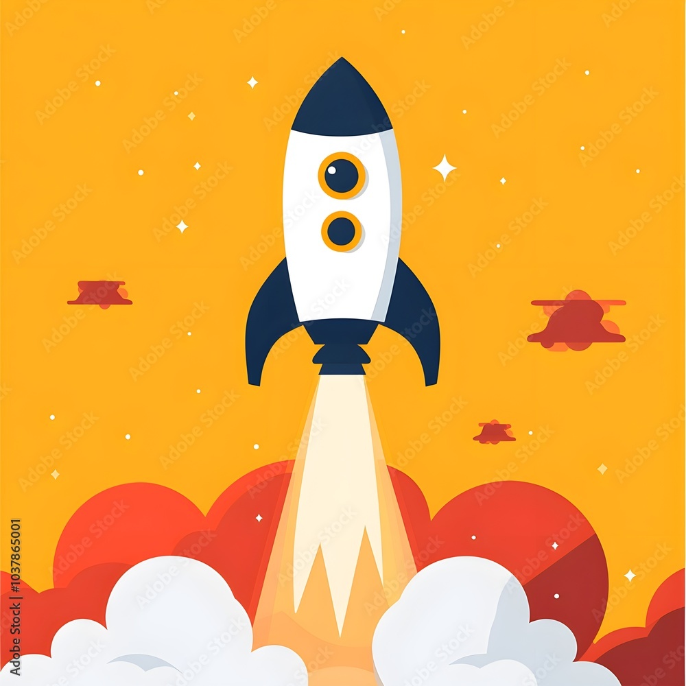 Poster flat design rocket launching into space with orange and red background