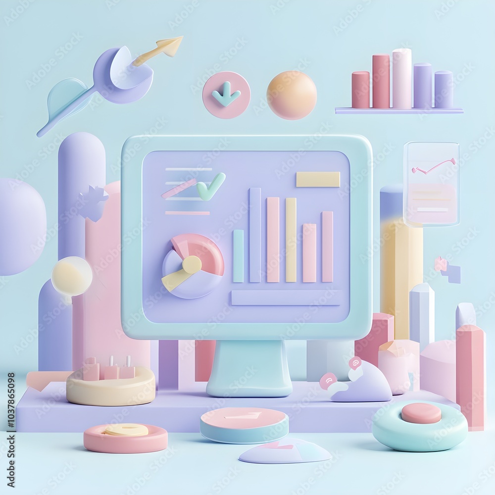 Poster 3d pastel abstract geometric shapes with charts and graphs on a computer screen