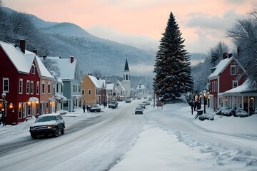 Fototapeta premium Picturesque snow covered small town setting with charming gingerbread style houses a large evergreen tree adorned with twinkling lights and families huddled together enjoying the festive atmosphere
