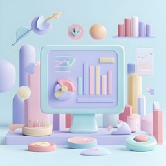 3D Pastel Abstract Geometric Shapes with Charts and Graphs on a Computer Screen