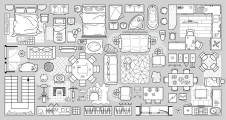 Floor plan icons set for design interior and architectural project view from above. Furniture line icon in top view for layout. Collection for arranging and filling rooms of apartment, house. Vector © Юрий Парменов
