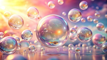 Naklejka premium A symphony of iridescent spheres dance against a celestial backdrop, their reflective surfaces capturing the essence of a vibrant, ethereal dreamscape.