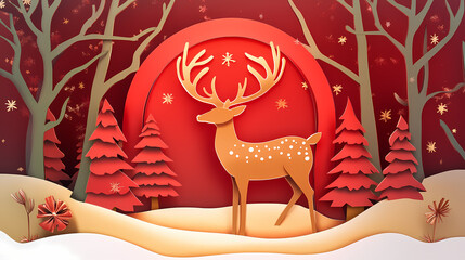 Christmas deer 3d vector papercut