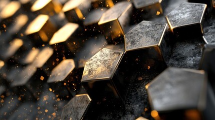 A dynamic arrangement of hexagonal patterns and triangular forms in metallic gold and black creates an alluring contrast. Highlights reflect brilliantly across sharp edges. Generative AI