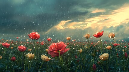Obraz premium A humid flower field after rainfall, with droplets glistening on vibrant petals under a cloudy sky 