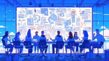 Collaborative Team Analyzing Vast Digital Overview in Office Setting