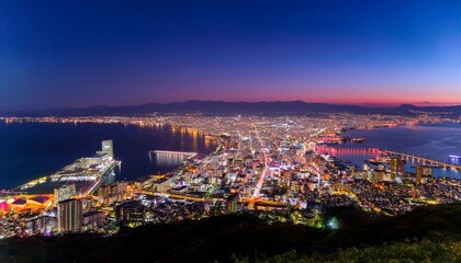 Fototapeta premium 函館山から見下ろす、世界三大夜景のひとつとされる函館の夜景。湾に沿って広がる街の光が宝石のように輝き、港に停泊する船の灯りも穏やかに瞬いている。ロマンチックな夜景を眺めるカップルや観光